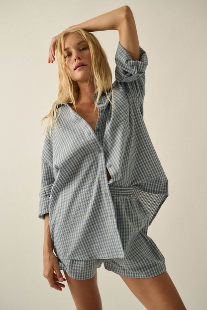 Sunday Funday Plaid Seersucker Button-Up Shirt