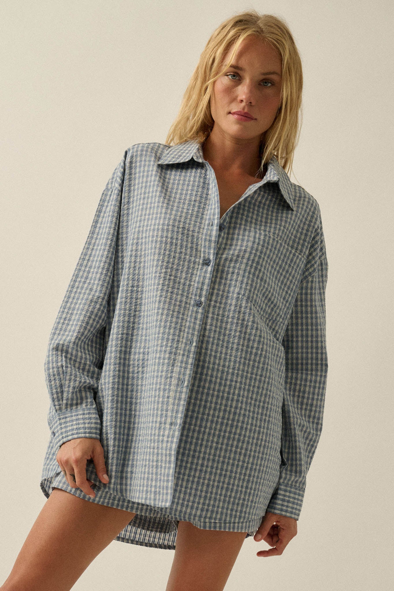 Sunday Funday Plaid Seersucker Button-Up Shirt