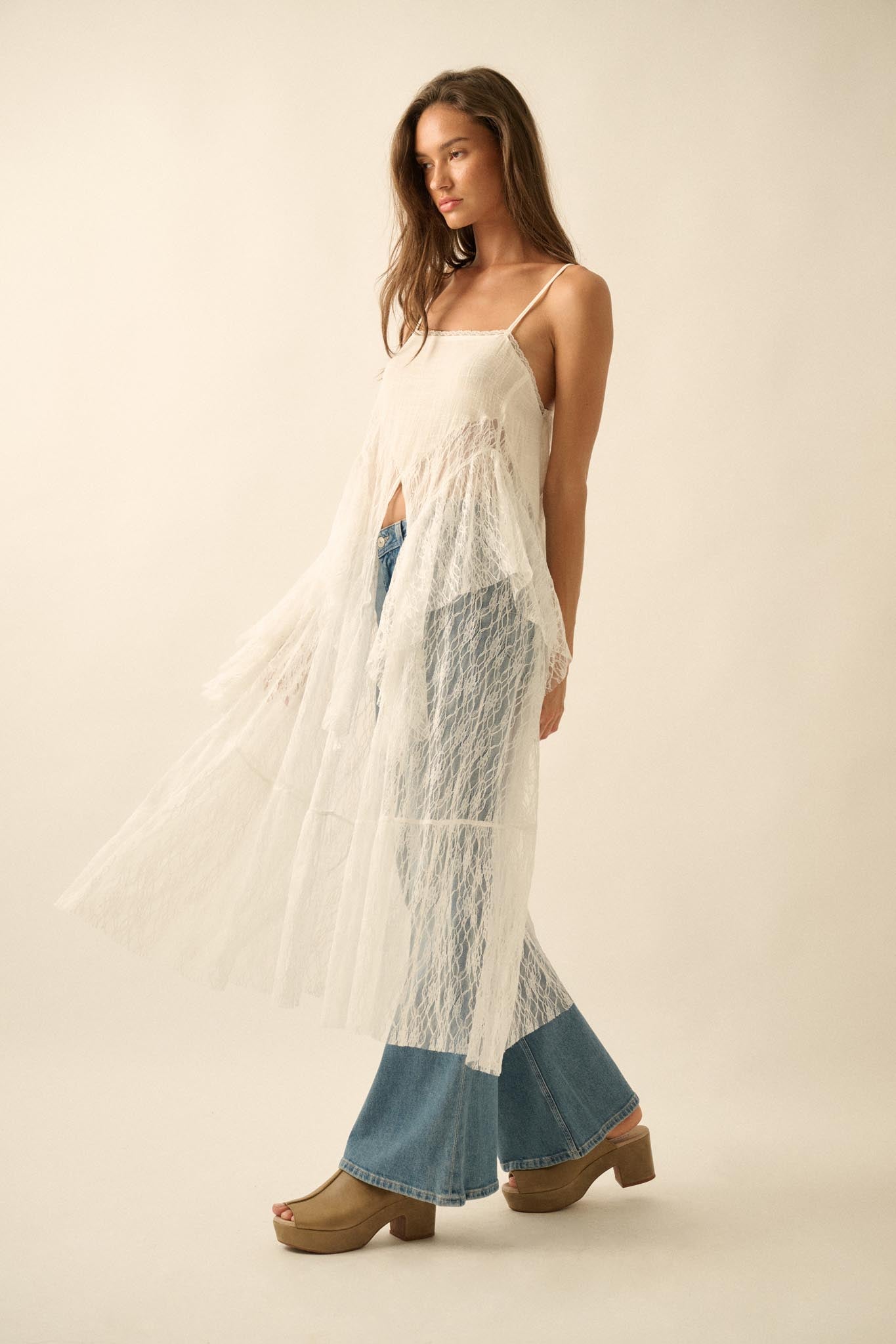 Whispering Winds Sheer Lace Flyaway Maxi Top