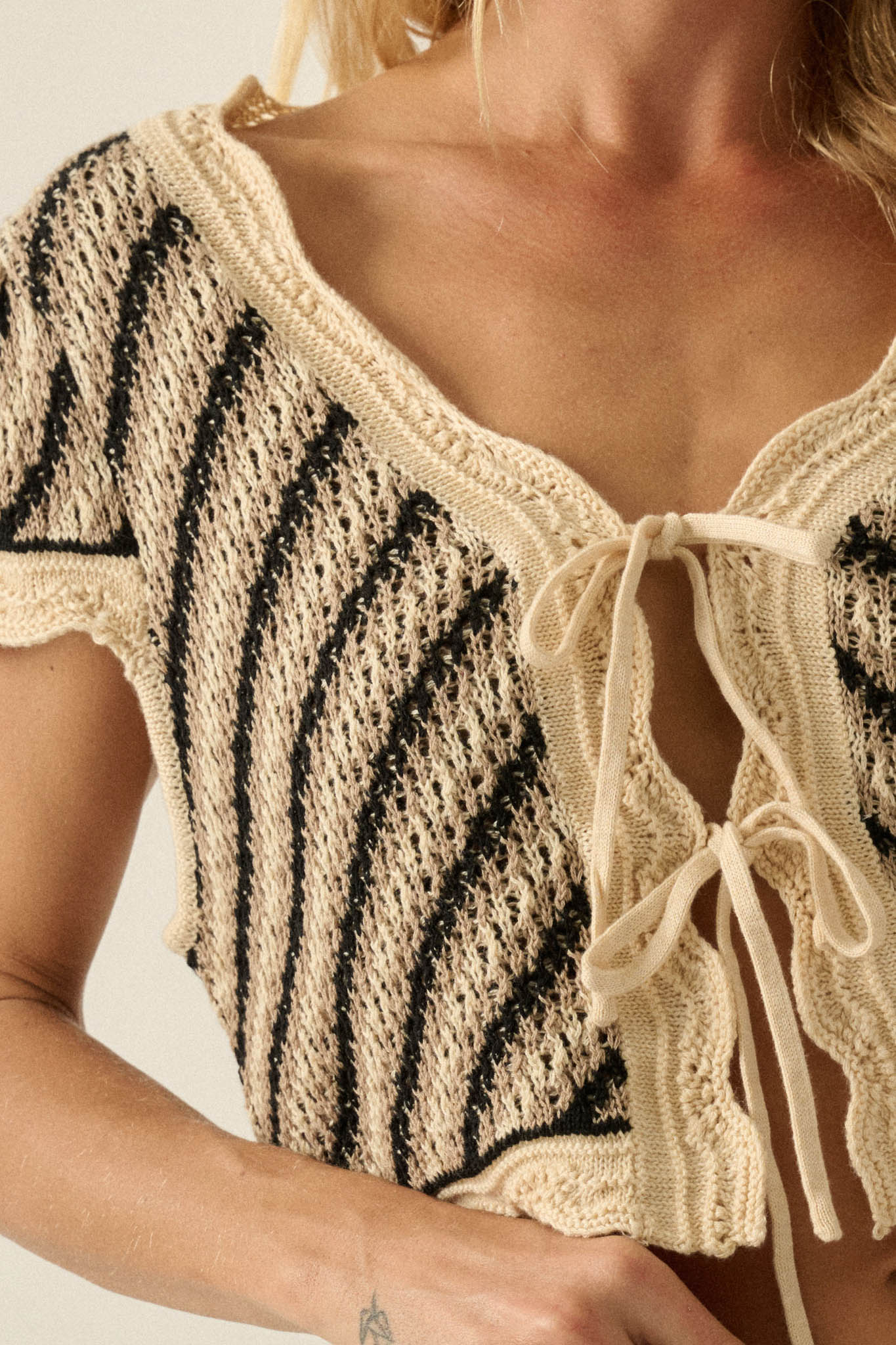 Summer Love Striped Crochet-Knit Tie-Front Top