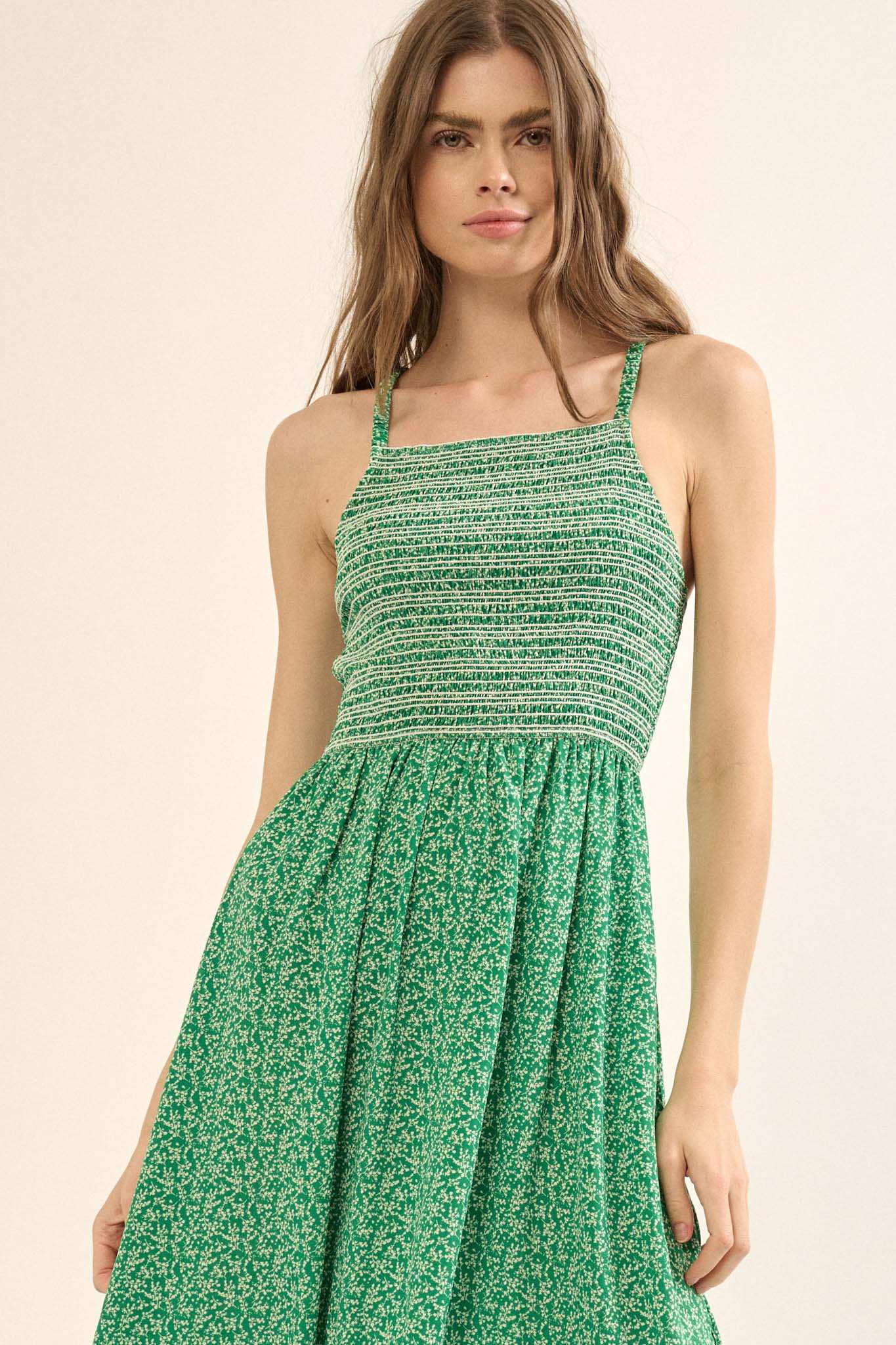 Wild Stems Smocked Floral-Print Maxi Sundress