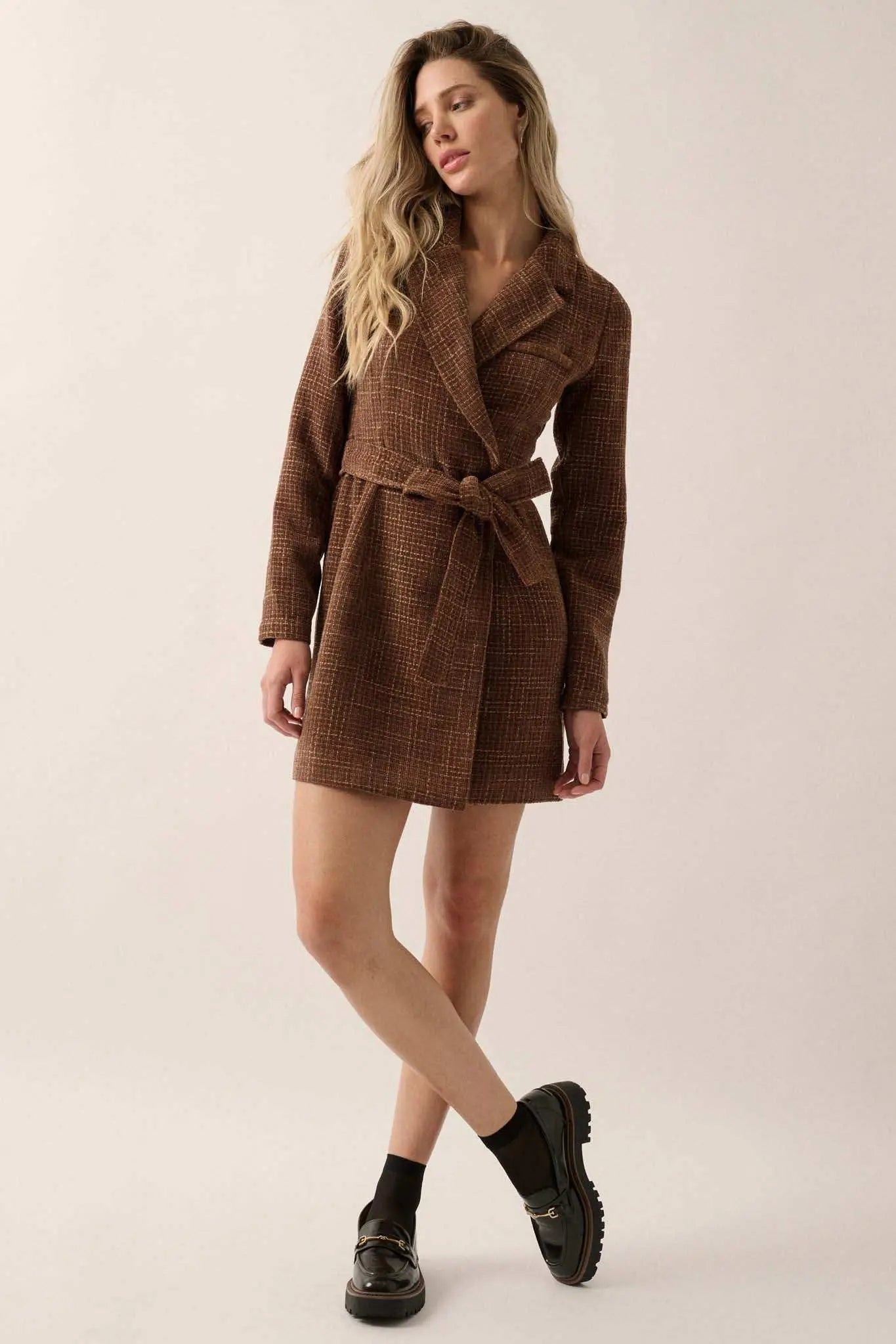 Working Late Tweed Belted Blazer Mini Dress