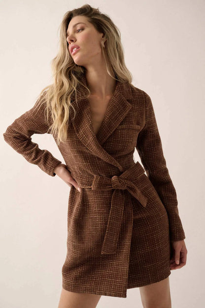 Working Late Tweed Belted Blazer Mini Dress