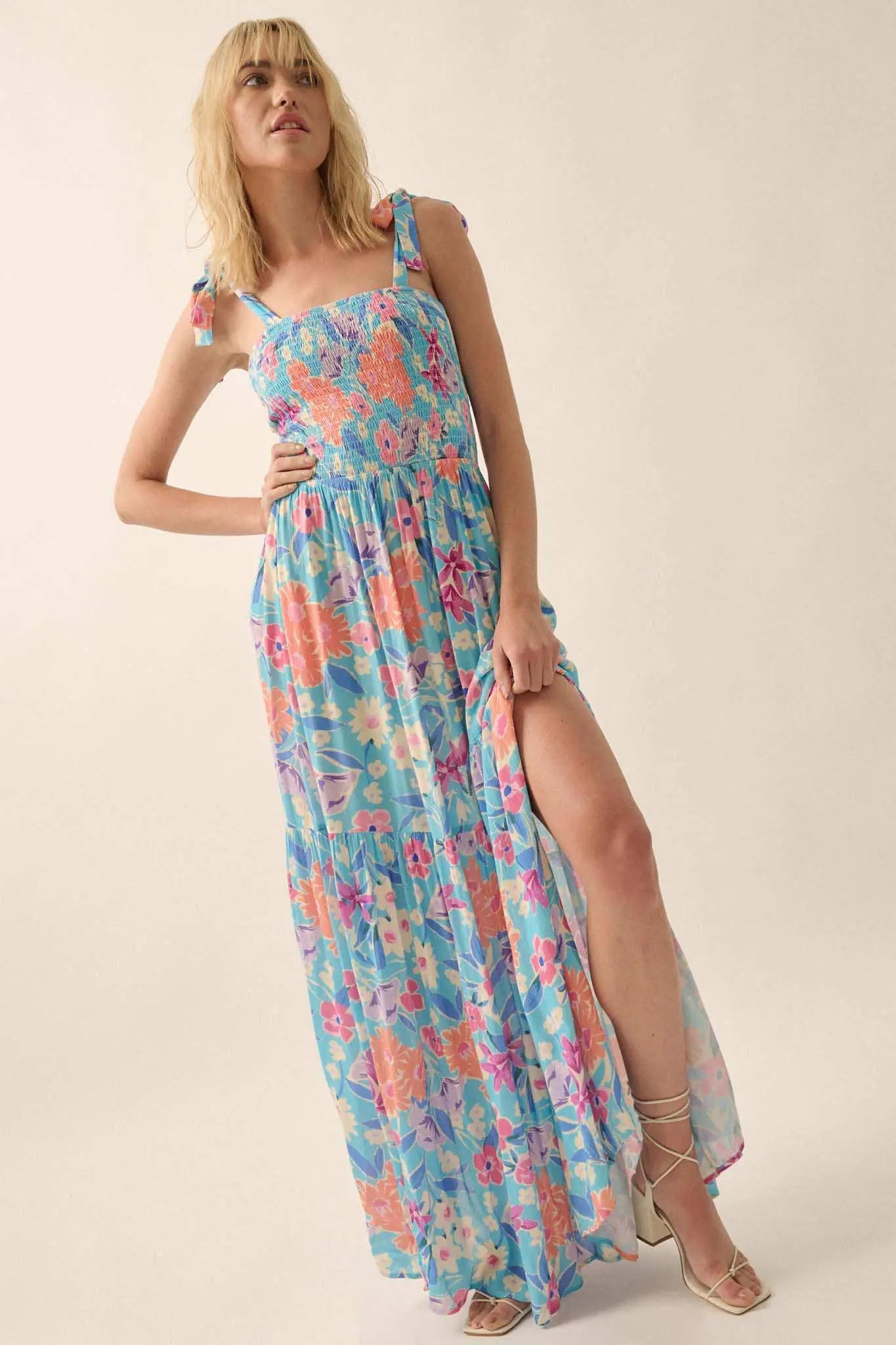 There She Grows Smocked Floral Crepe Maxi Dress