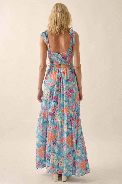 There She Grows Smocked Floral Crepe Maxi Dress