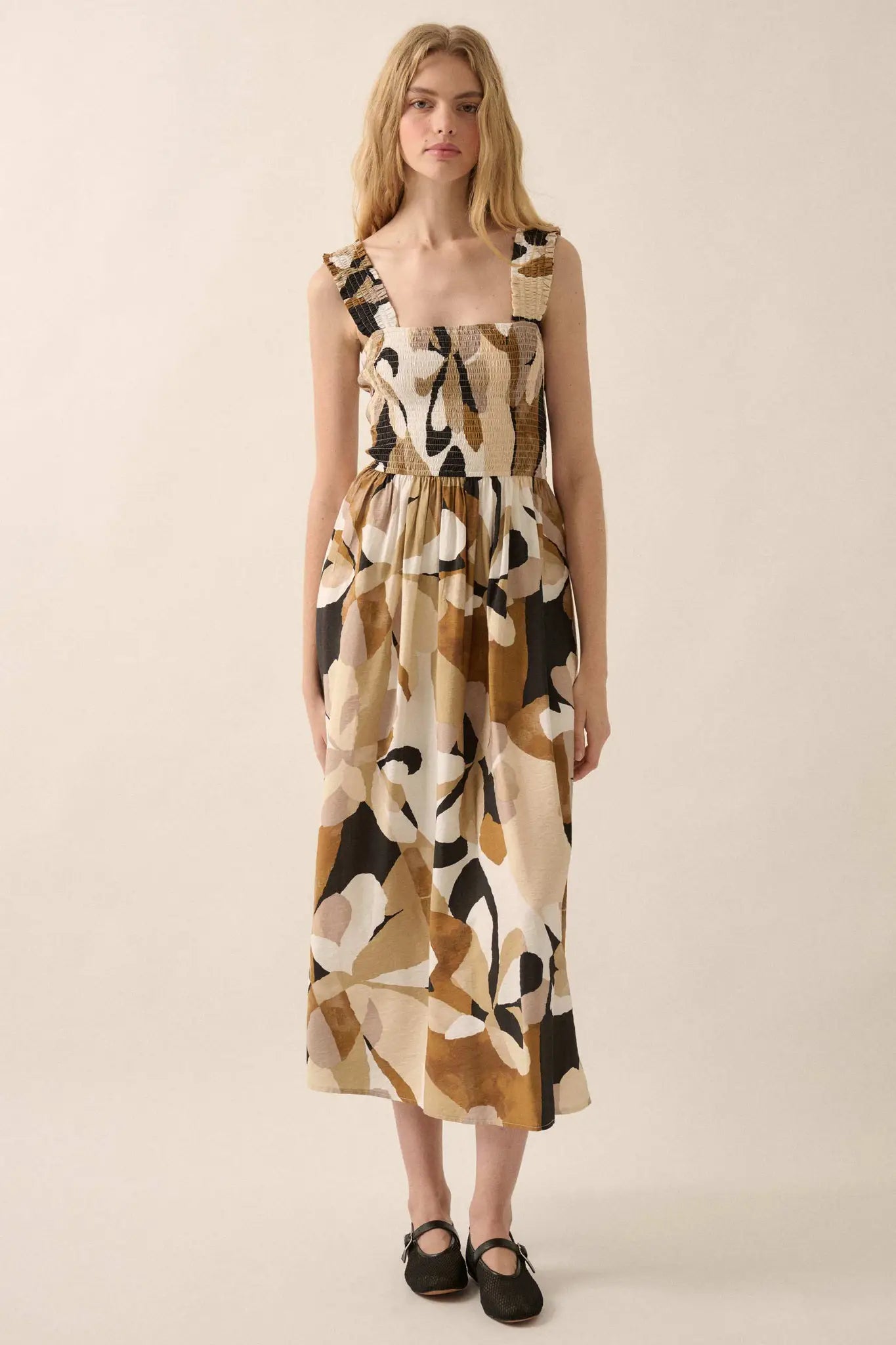 Tawny Blossoms Floral Smocked Midi Dress