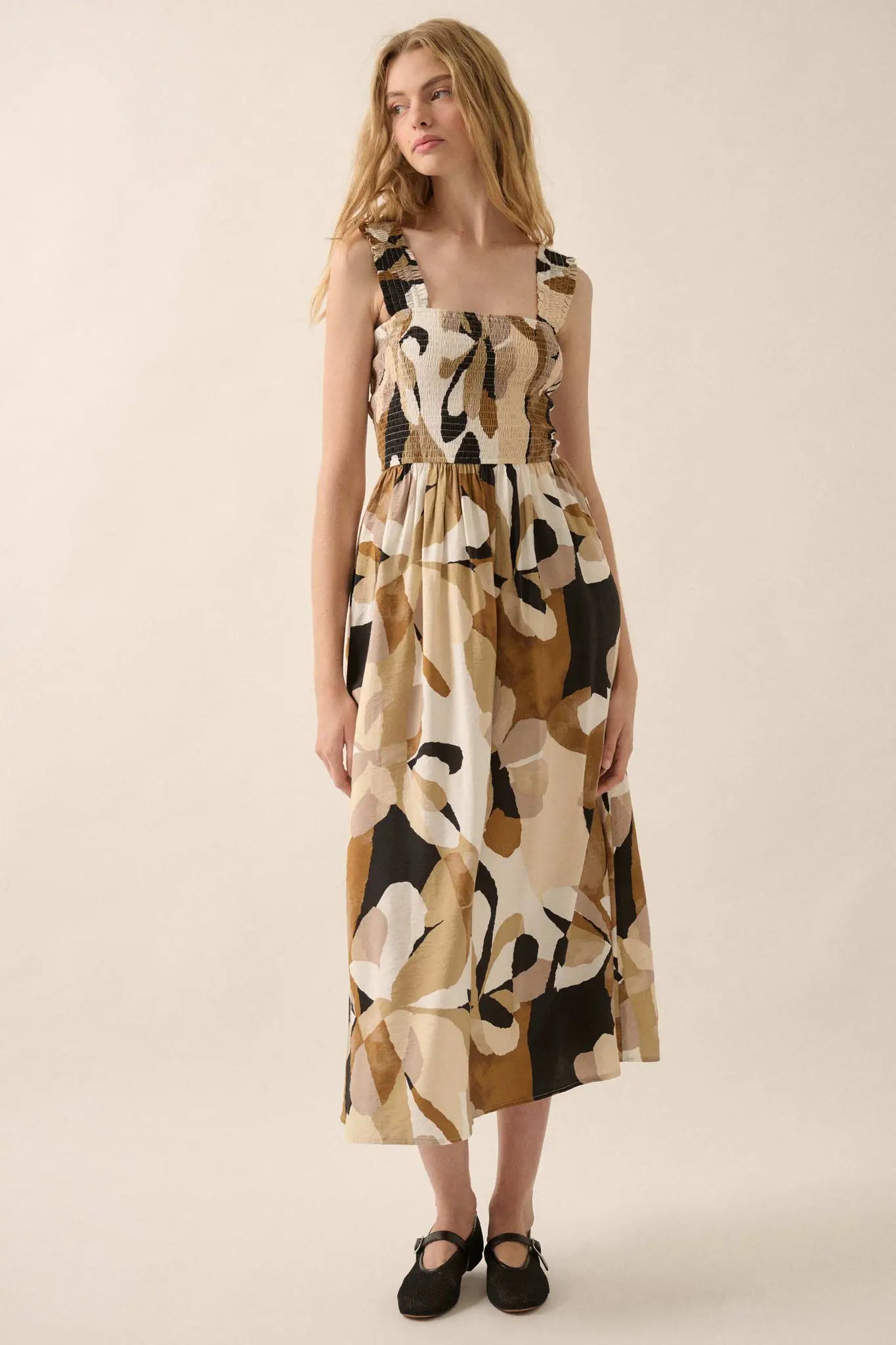 Tawny Blossoms Floral Smocked Midi Dress