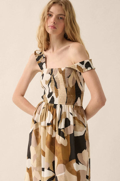 Tawny Blossoms Floral Smocked Midi Dress