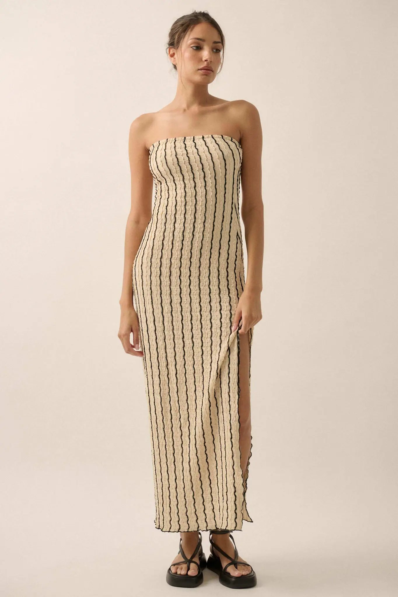 Whispering Waves Striped Knit Strapless Maxi Dress