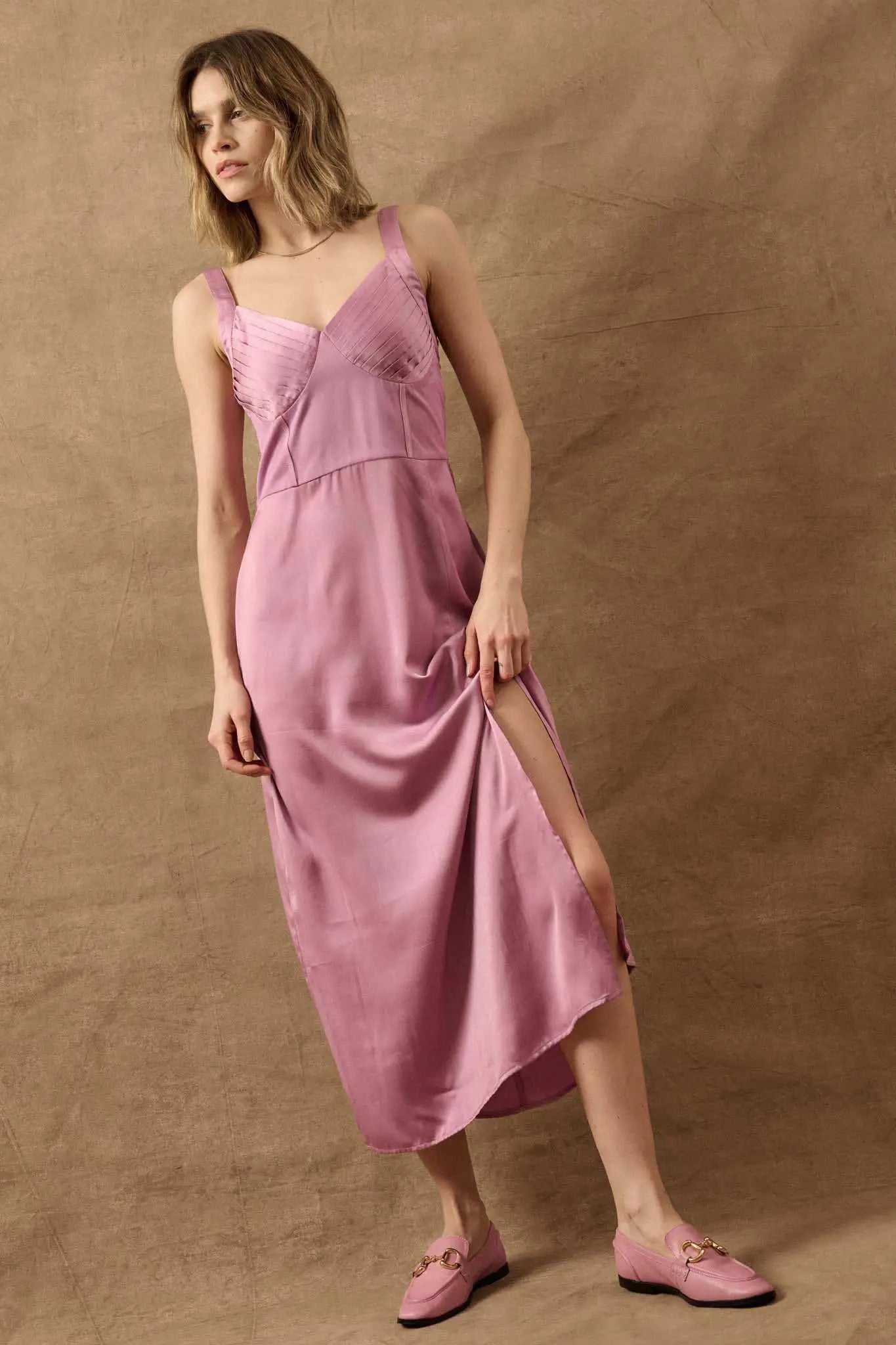To the Nines Pleated Bodice Satin Midi Dress