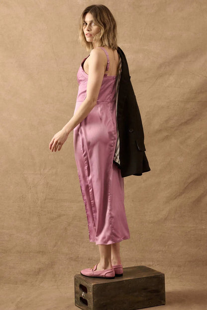 To the Nines Pleated Bodice Satin Midi Dress