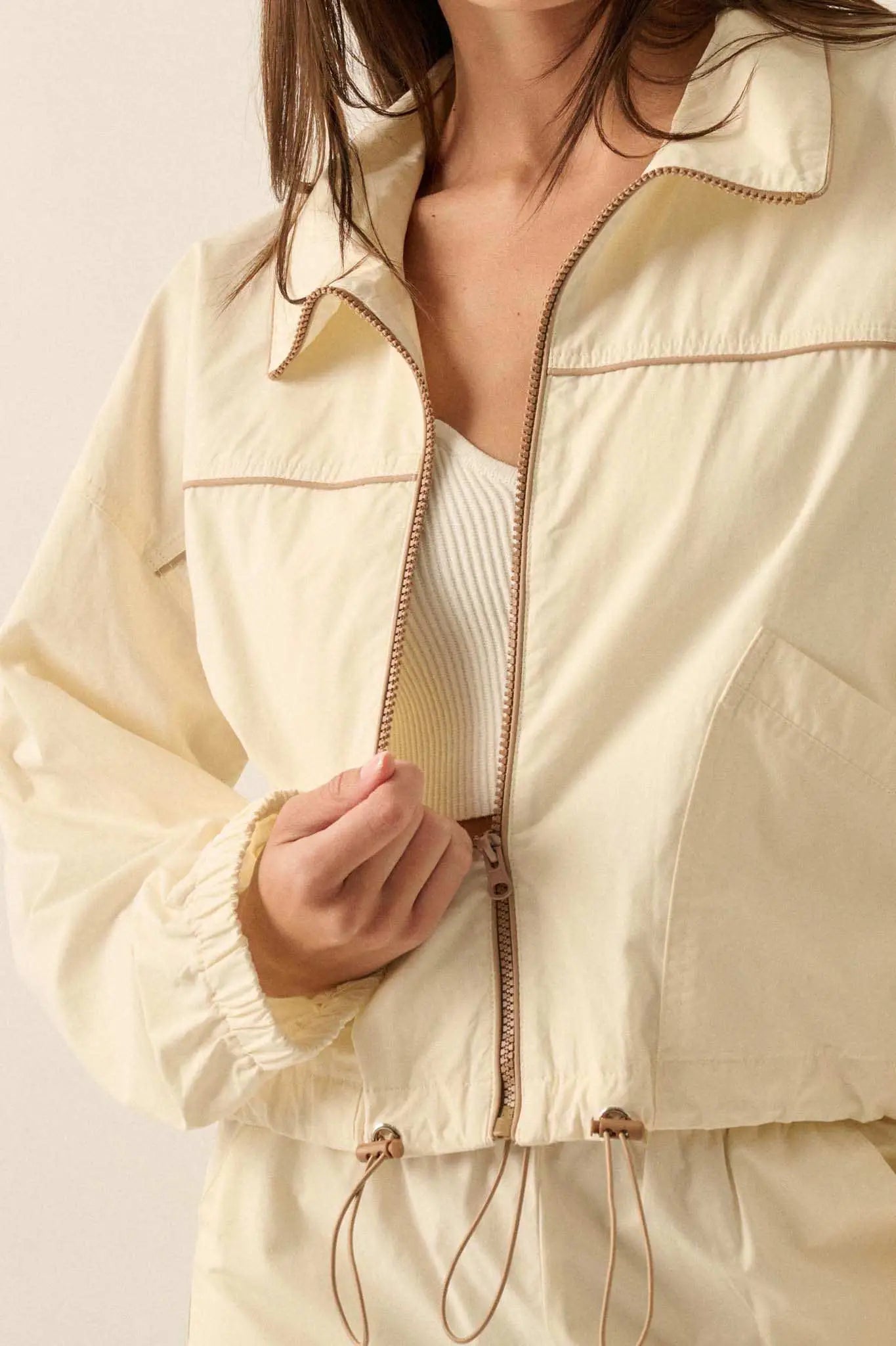 Zip to It Piping-Trim Drawstring Jacket
