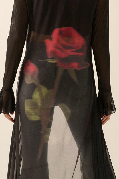 Wild Rose Mesh Back-Print Duster Kimono Cardigan