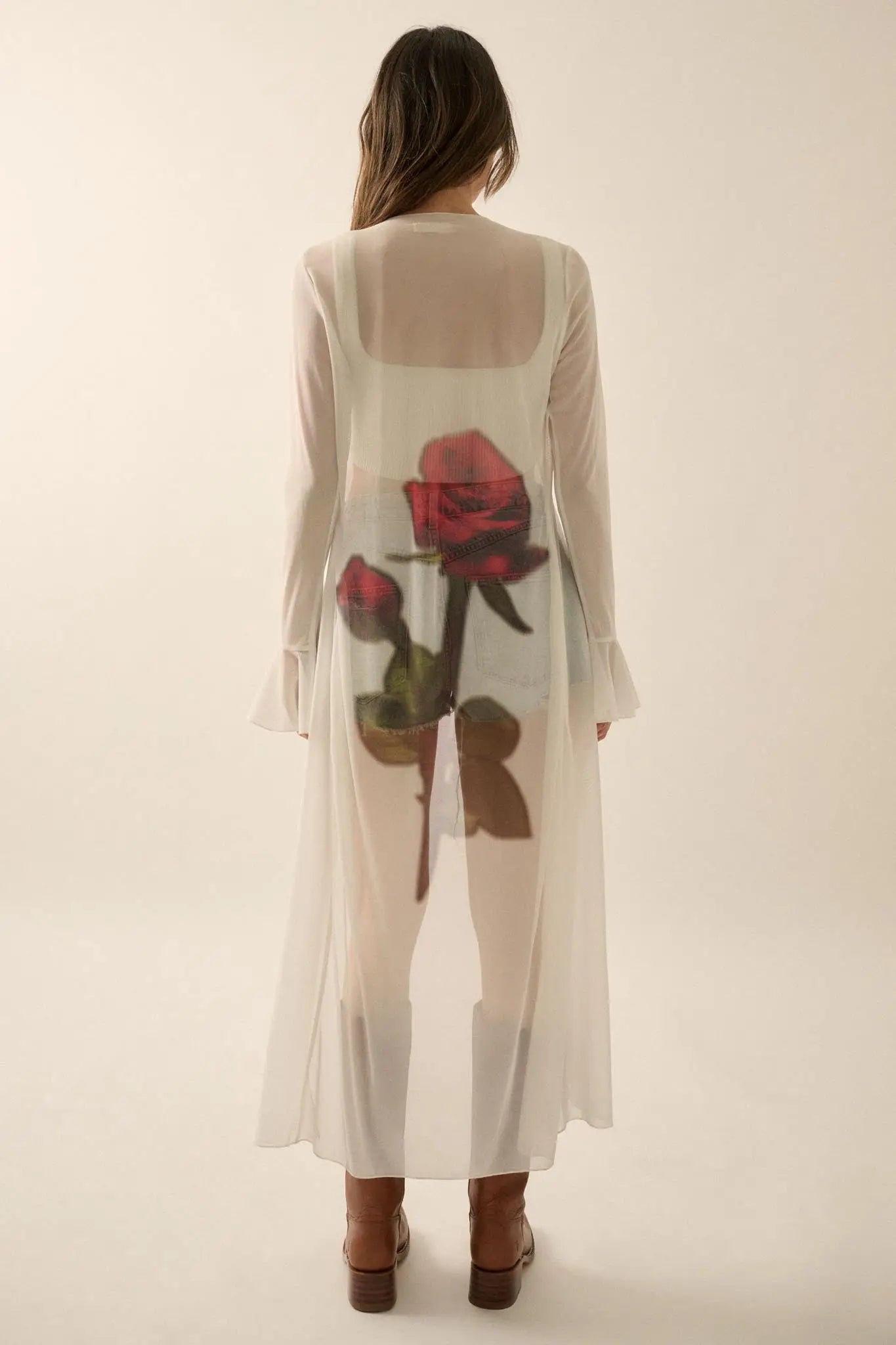 Wild Rose Mesh Back-Print Duster Kimono Cardigan