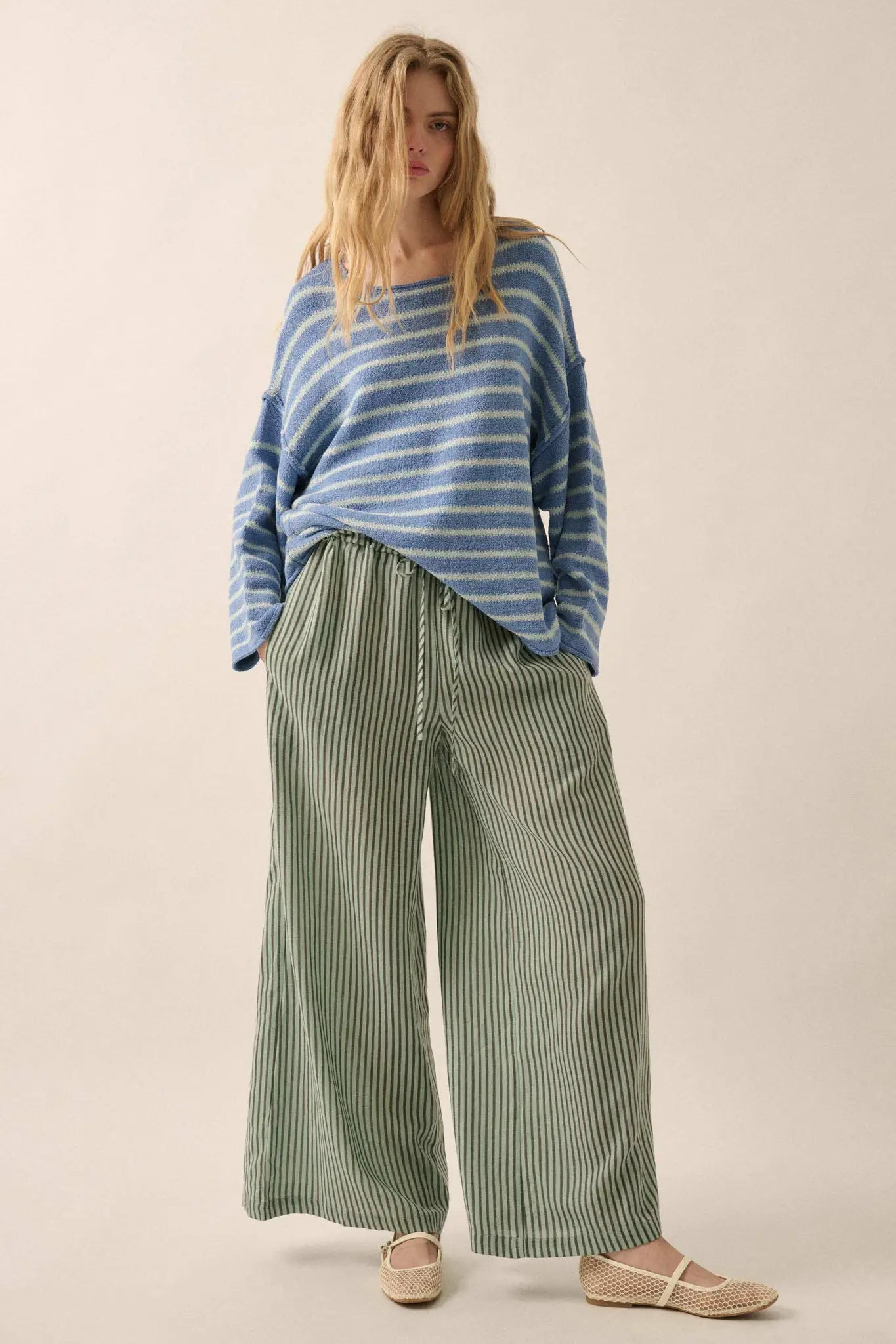 Stroll Goals Striped Wide-Leg Drawstring Pants