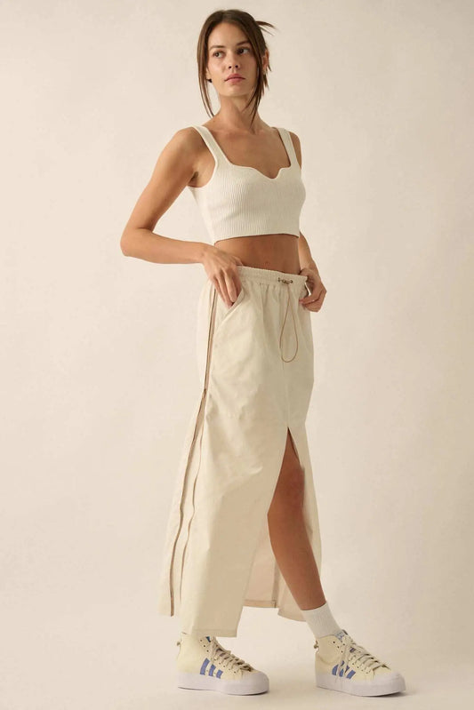 Zip Code Side-Zip Piping-Trim Drawstring Skirt