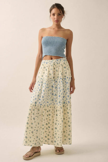 Sunny Meadow Floral Gauze Tiered Ruffle Maxi Skirt