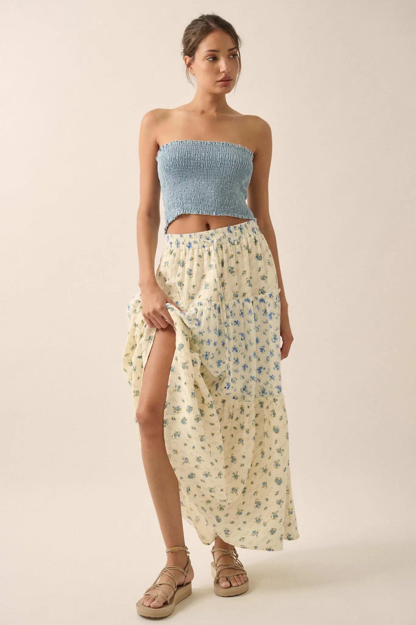 Sunny Meadow Floral Gauze Tiered Ruffle Maxi Skirt