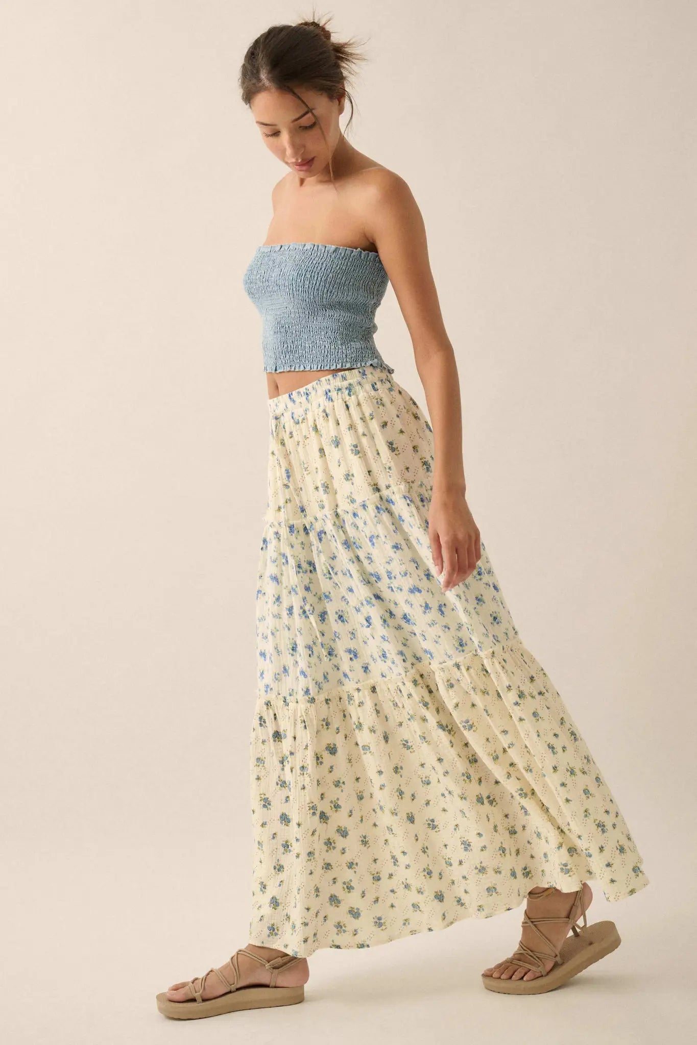 Sunny Meadow Floral Gauze Tiered Ruffle Maxi Skirt