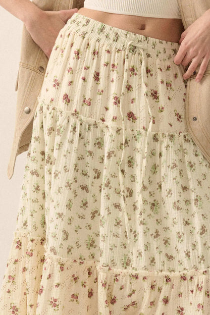Sunny Meadow Floral Gauze Tiered Ruffle Maxi Skirt