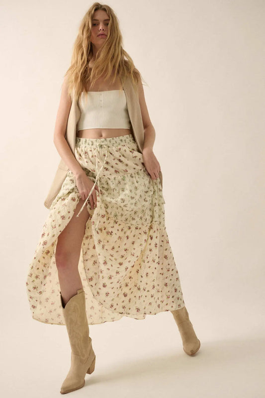 Sunny Meadow Floral Gauze Tiered Ruffle Maxi Skirt