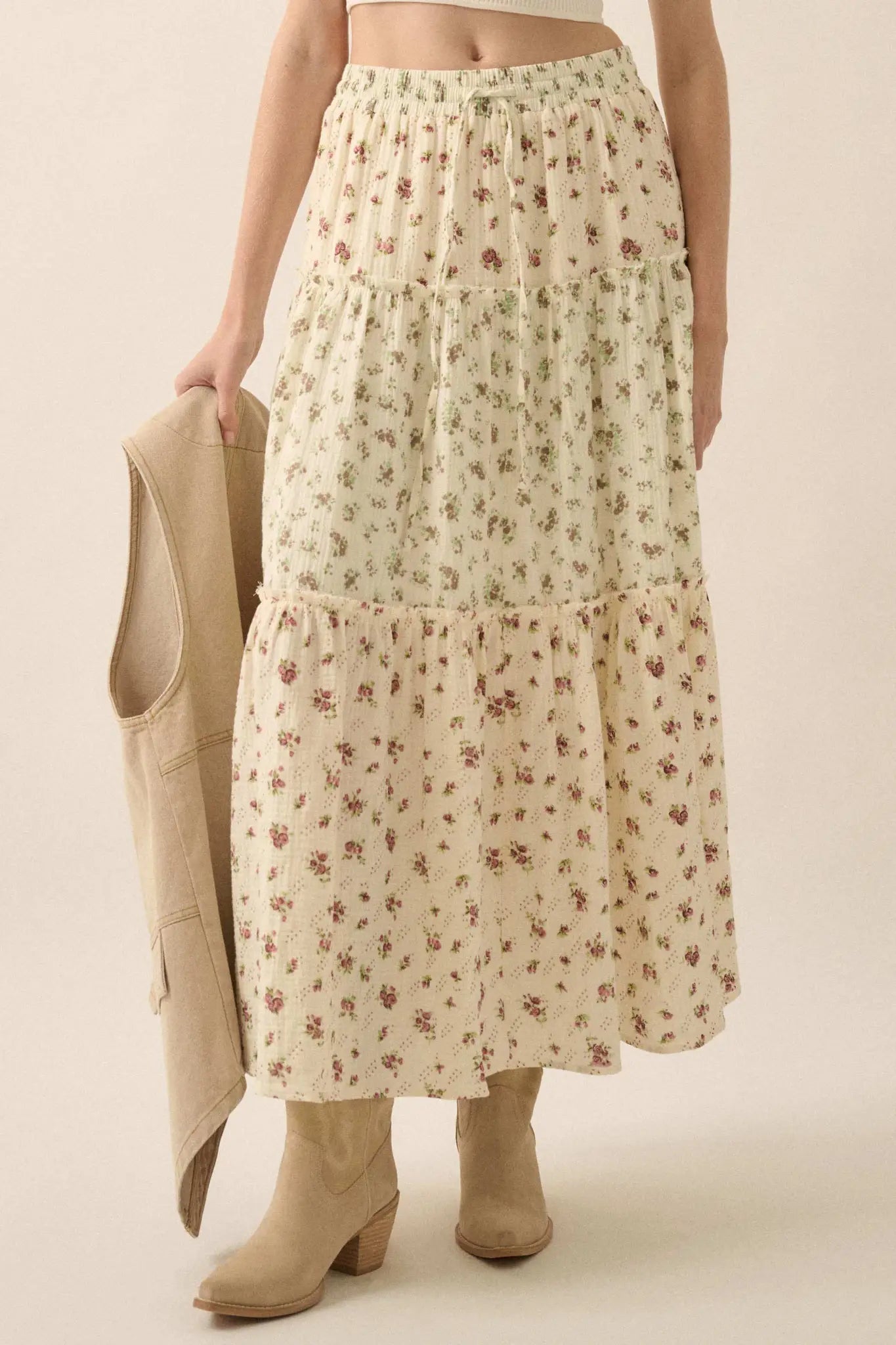 Sunny Meadow Floral Gauze Tiered Ruffle Maxi Skirt
