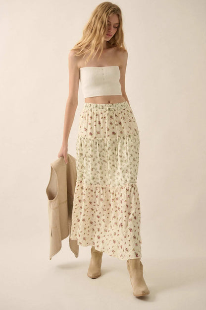 Sunny Meadow Floral Gauze Tiered Ruffle Maxi Skirt