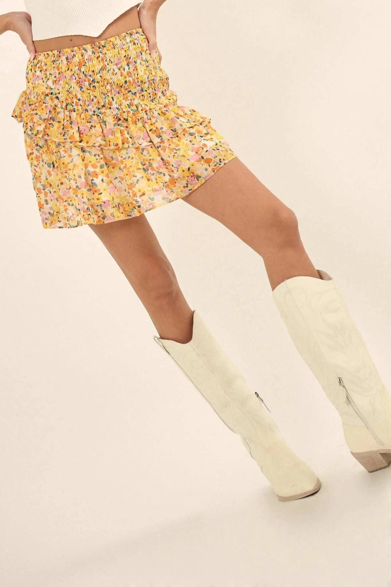 Sun Lover Smocked Floral Chiffon Ruffled Mini Skirt