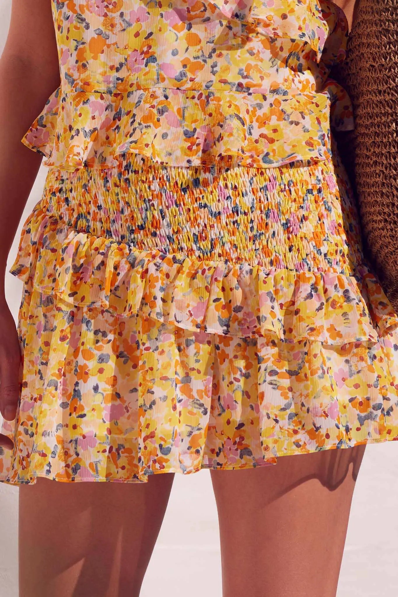Sun Lover Smocked Floral Chiffon Ruffled Mini Skirt