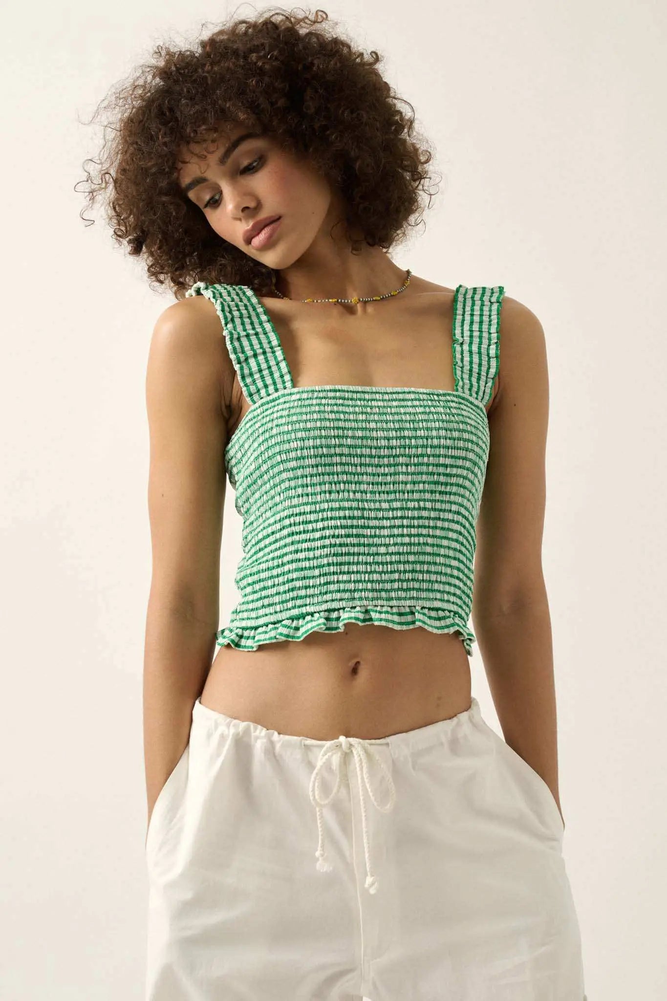 Sweet Shop Smocked Gingham Cropped Tank Top