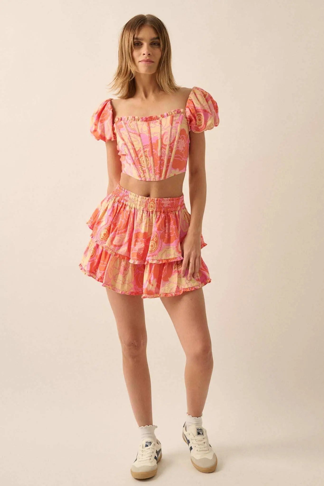 Sweet Sorbet Floral Paisley Puff-Sleeve Corset Top