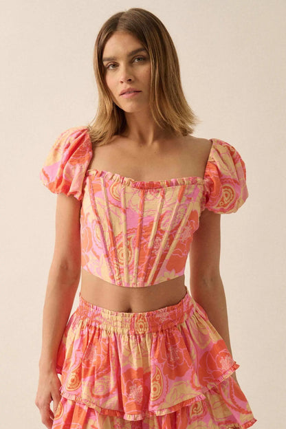 Sweet Sorbet Floral Paisley Puff-Sleeve Corset Top