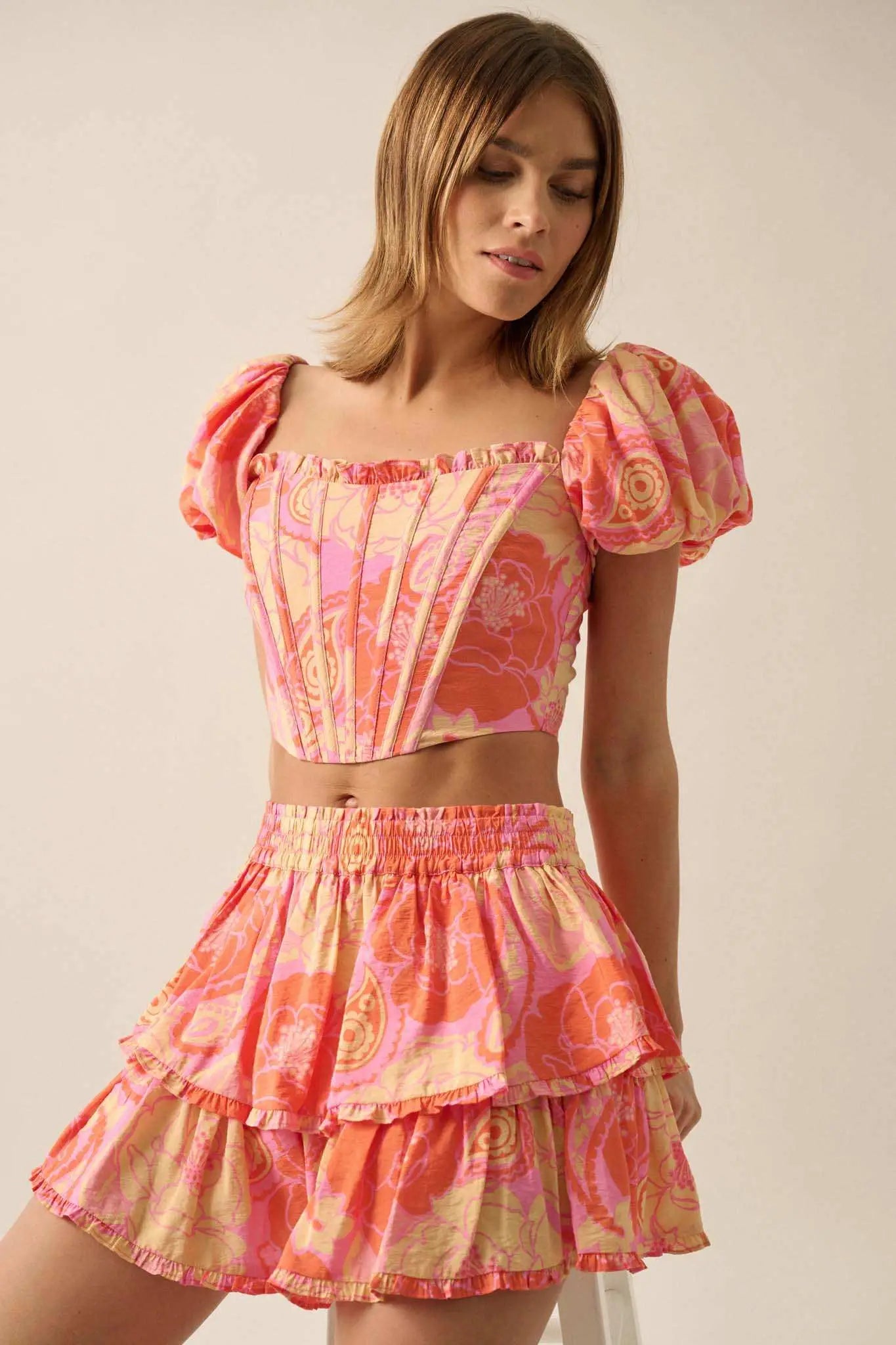 Sweet Sorbet Floral Paisley Puff-Sleeve Corset Top