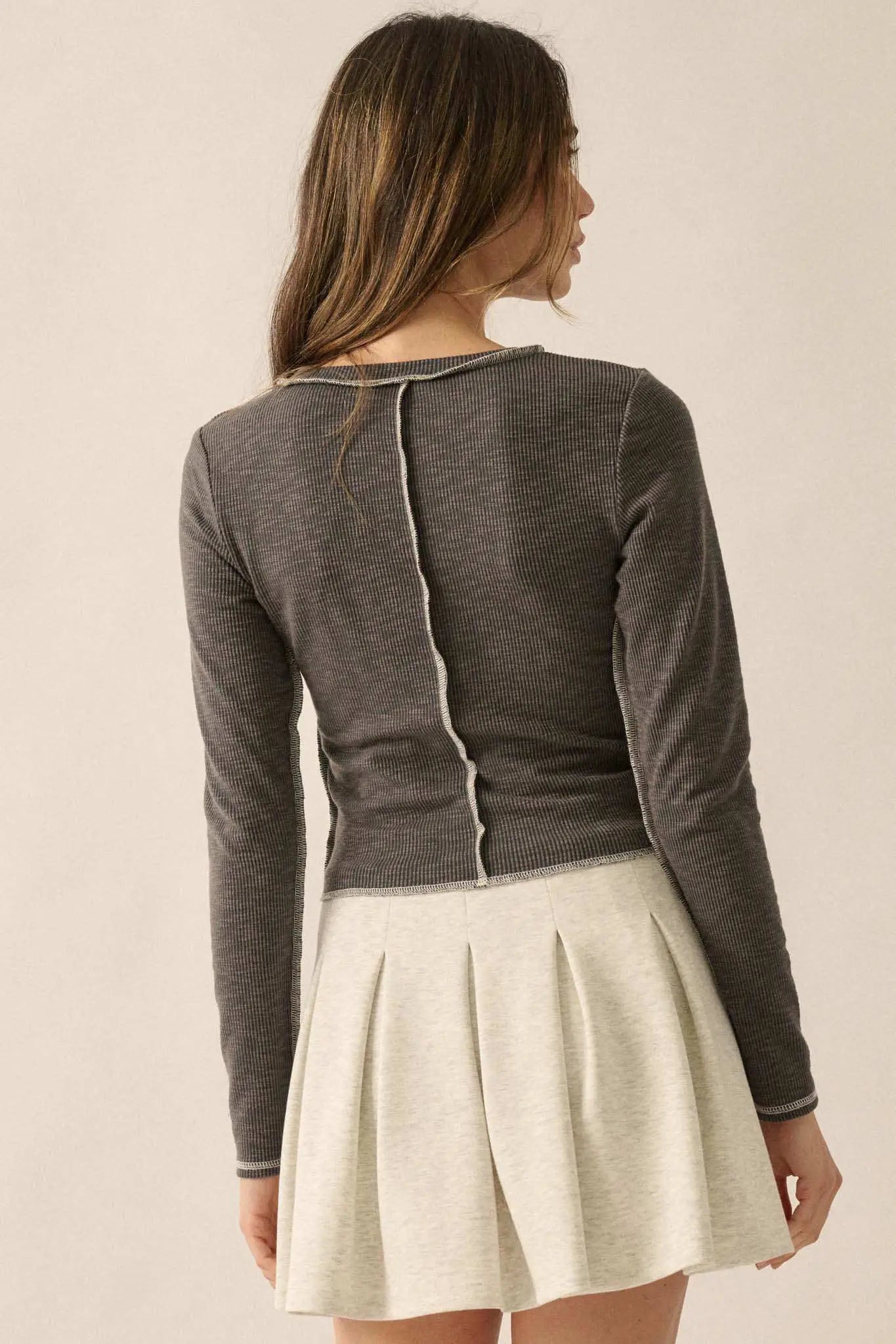 Wind Down Exposed-Seam Cropped Rib-Knit Top