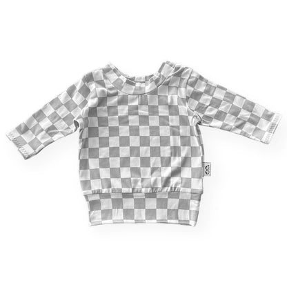 Gray and white checkered long-sleeve shirt on a white background